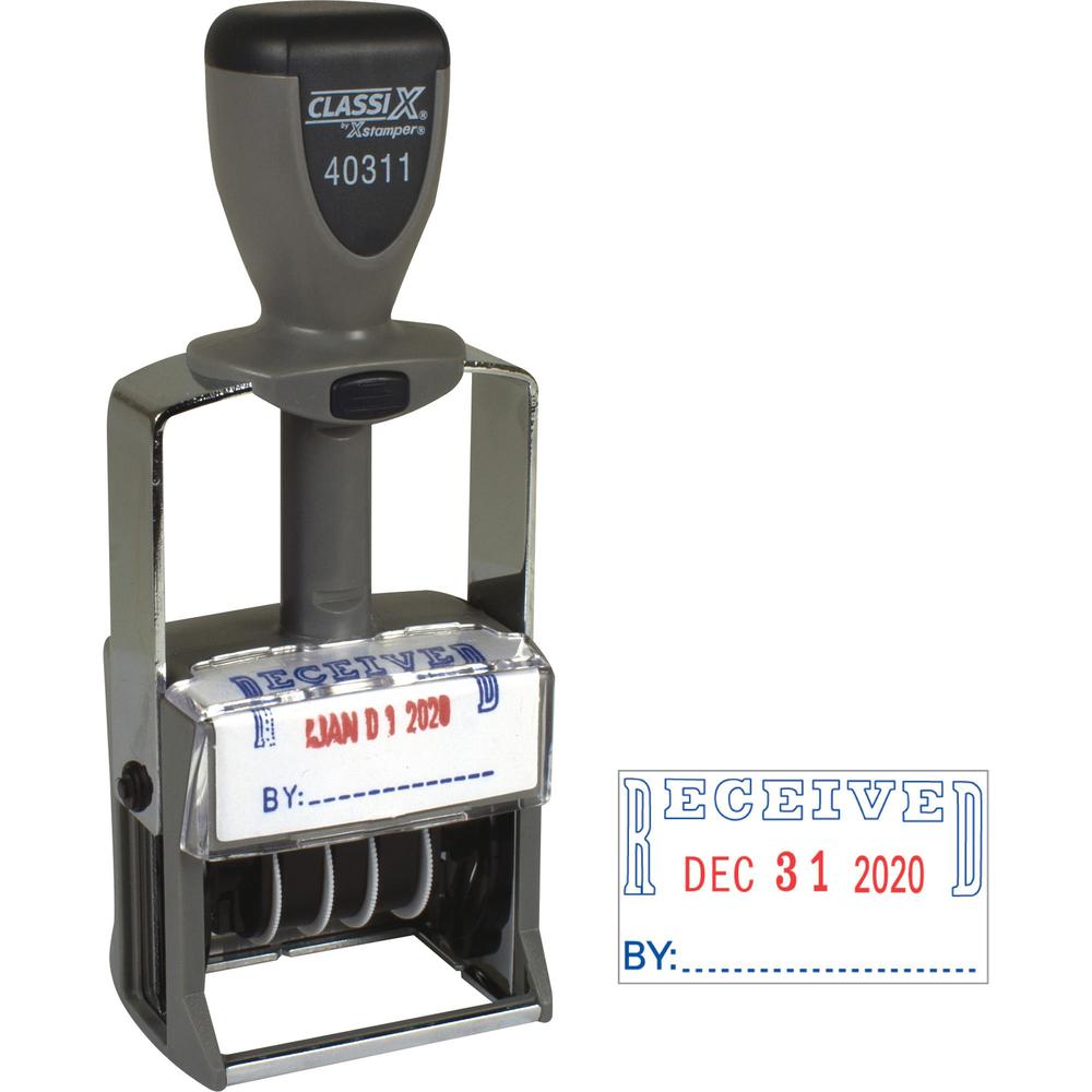 Xstamper Heavy-duty RECEIVED Self-Ink Dater - Message/Date Stamp - ''RECEIVED'' - Red, Blue - Metal, Plastic Metal - 1 Each