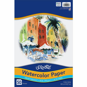UCreate Watercolor Paper - 12'' x 18'' - 90 lb Basis Weight - Vellum - 50 / Pack - Sustainable Forestry Initiative (SFI) - Acid-free - White