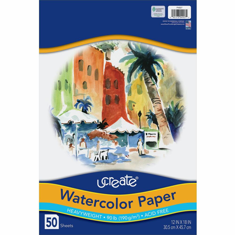 UCreate Watercolor Paper - 12'' x 18'' - 90 lb Basis Weight - Vellum - 50 / Pack - Sustainable Forestry Initiative (SFI) - Acid-free - White