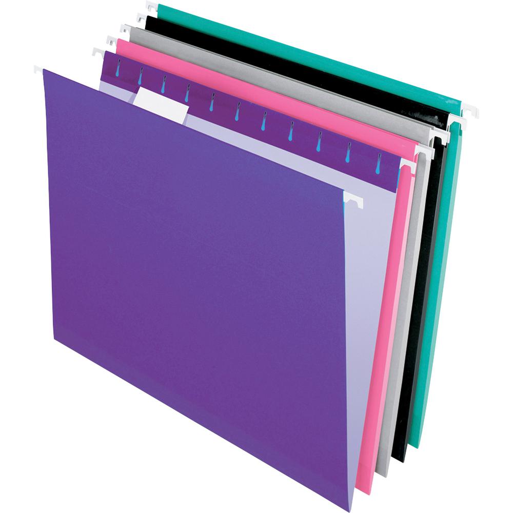 Pendaflex 1/5 Tab Cut Letter Recycled Hanging Folder - 8 1/2'' x 11'' - Aqua, Pink, Black, Gray, Violet - 10% Recycled - 25 / Box