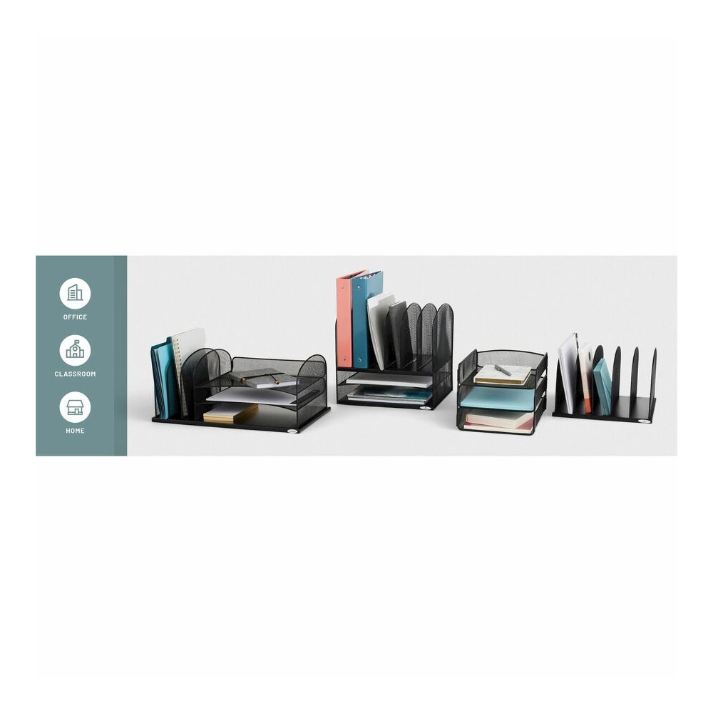 Safco Onyx 3 Tray/3 Upright Section Desk Organizer - 5 Compartment(s) - 8.25'' Height x 19.50'' Width x 11.50'' Depth - Desktop - Powder Coated - Black - Steel - 1 Each