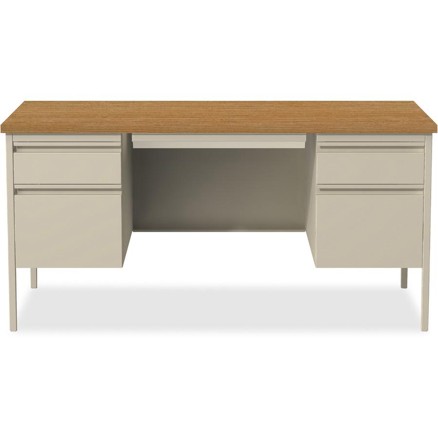 Lorell Fortress Series Double-Pedestal Desk - Rectangle Top - 60'' Table Top Width x 30'' Table Top Depth x 1.12'' Table Top Thickness - 29.50'' HeightAssembly Required - Oak, Oak Laminate, Putty - Steel
