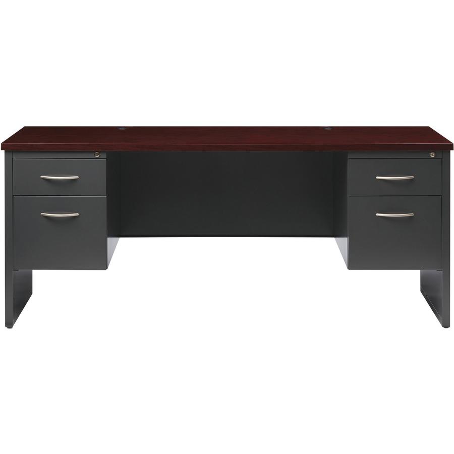 Lorell Fortress Modular Series Double-pedestal Credenza - 72'' x 24'' , 1.1'' Top - 2 x Box, File Drawer(s) - Double Pedestal - Material: Steel - Finish: Mahogany Laminate, Charcoal - Scratch Resistant,