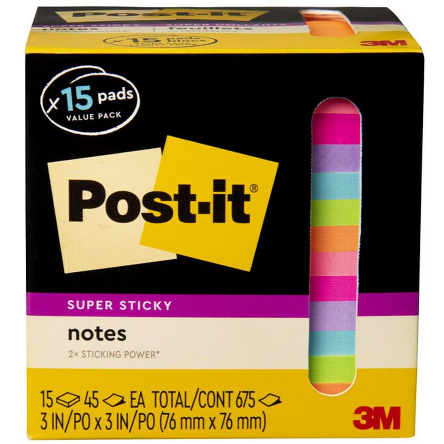 Post-it Super Sticky Notes - 15 - 3'' Flag/Note Width x 3'' Flag/Note Length - Square - 45 Sheets per Pad - Neon Orange, Tropical Pink, Power Pink, Iris, Blue Paradise, Neon Green Limeade - Adhesiv