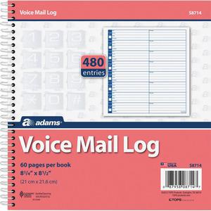 Adams Voice Mail Log Book - 60 Sheet(s) - Spiral Bound - 7.50'' x 8.50'' Sheet Size - 2 / Pack