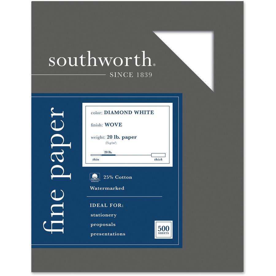 Southworth Diamond White Business Paper - Letter - 8 1/2'' x 11'' - 20 lb Basis Weight - Wove - 500 / Box - Acid-free, Watermarked - Diamond White