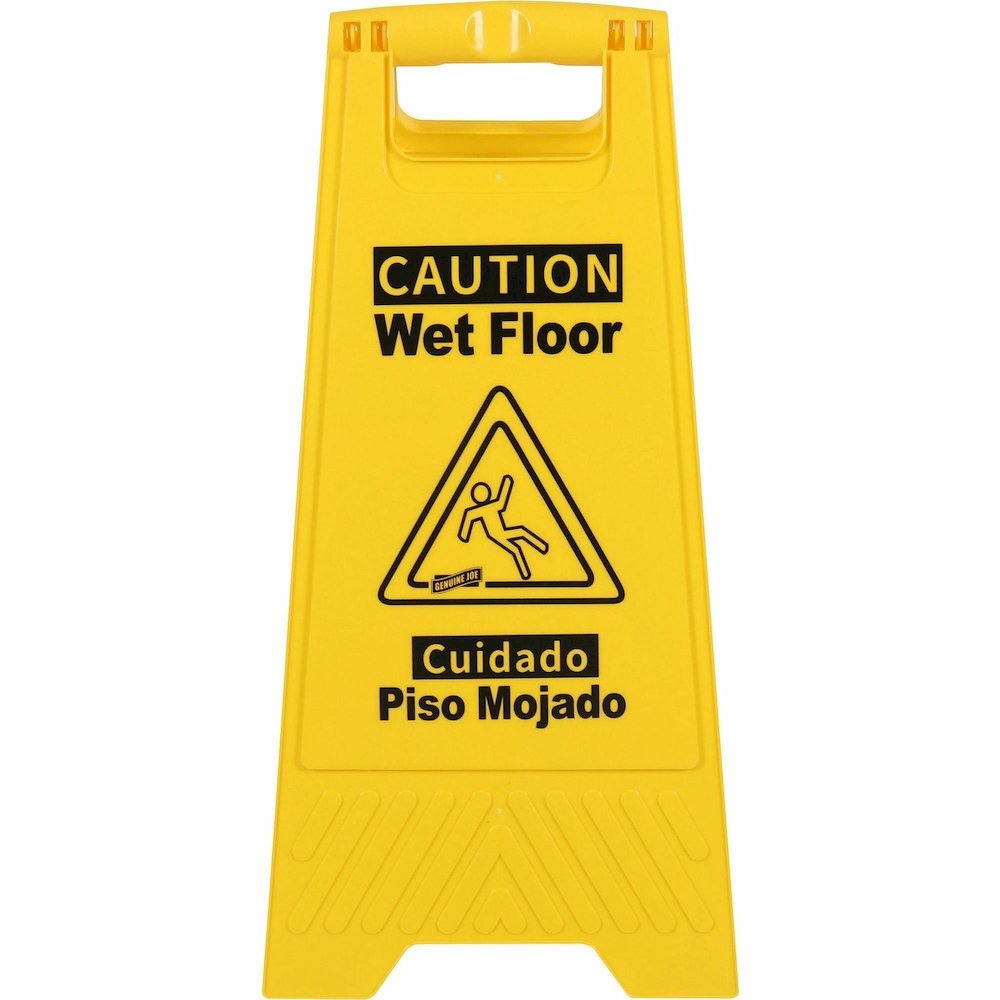 Genuine Joe Universal Graphic Wet Floor Sign - English, Spanish - Print/Message ''Wet Floor'' - Foldable - Yellow - 2 / Carton