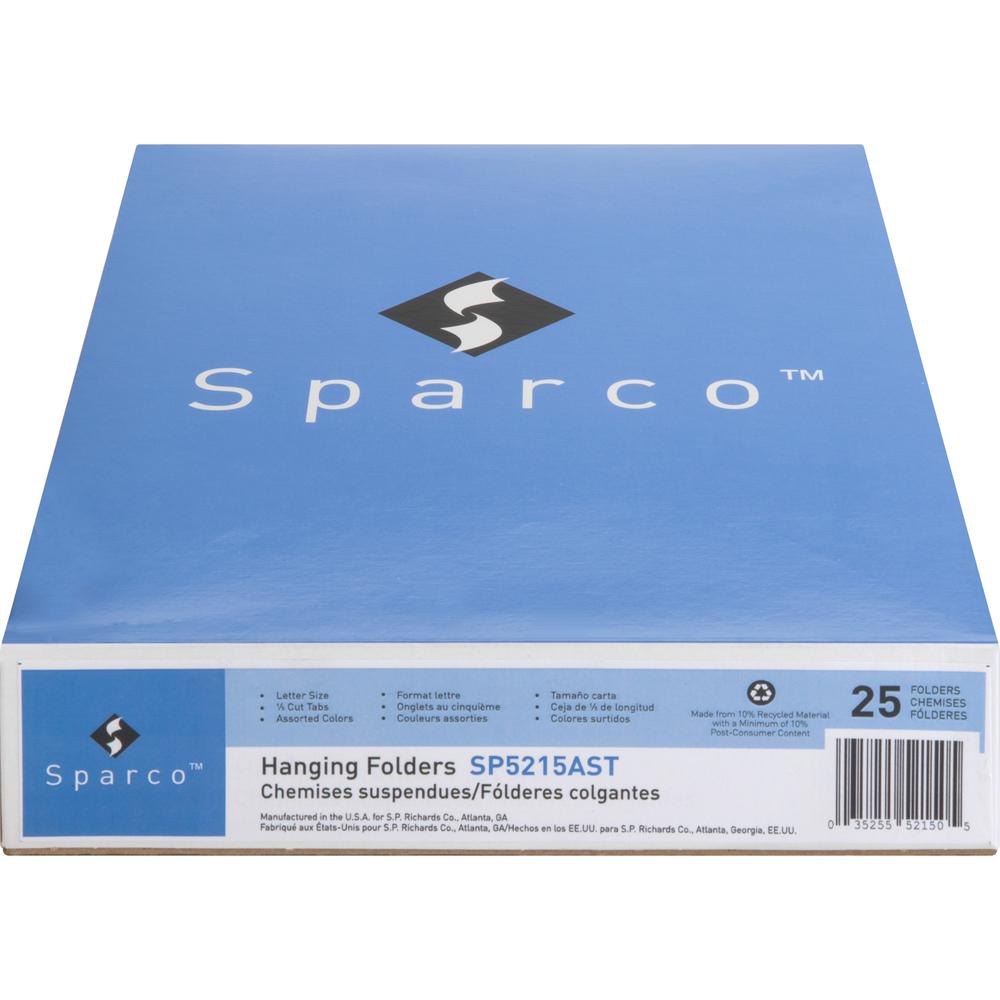 Business Source 1/5 Tab Cut Letter Recycled Hanging Folder - 8 1/2'' x 11'' - Top Tab Location - Blue, Green, Orange, Red, Yellow - 10% Recycled - 25 / Box