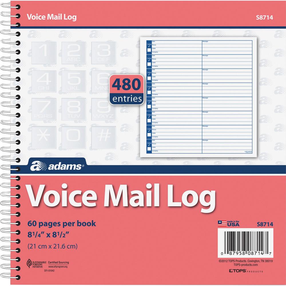 Adams Voice Mail Log Book - 60 Sheet(s) - Spiral Bound - 7.50'' x 8.50'' Sheet Size - 2 / Pack