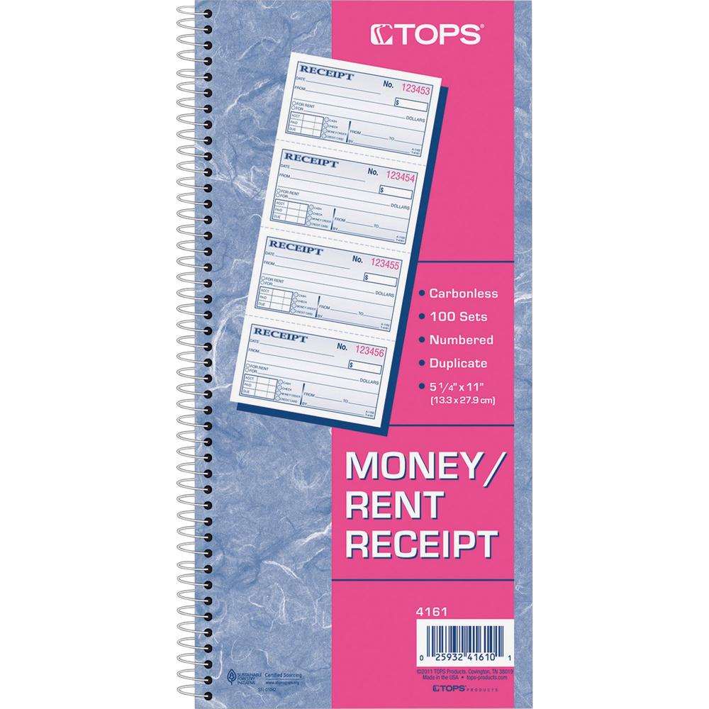 TOPS Carbonless 2-part Money Receipt Book - 200 Sheet(s) - Wire Bound - 2 PartCarbonless Copy - 5.50'' x 11'' Sheet Size - Canary, White - Blue, Red Print Color - 1 Each