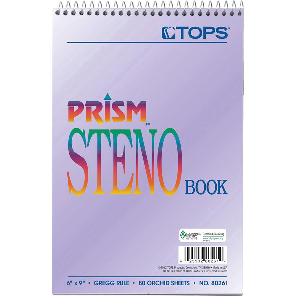 TOPS Prism Steno Books - 80 Sheets - Wire Bound - Gregg Ruled Margin - 6'' x 9'' - Orchid Paper - Perforated, Stiff-back, WireLock - 4 / Pack