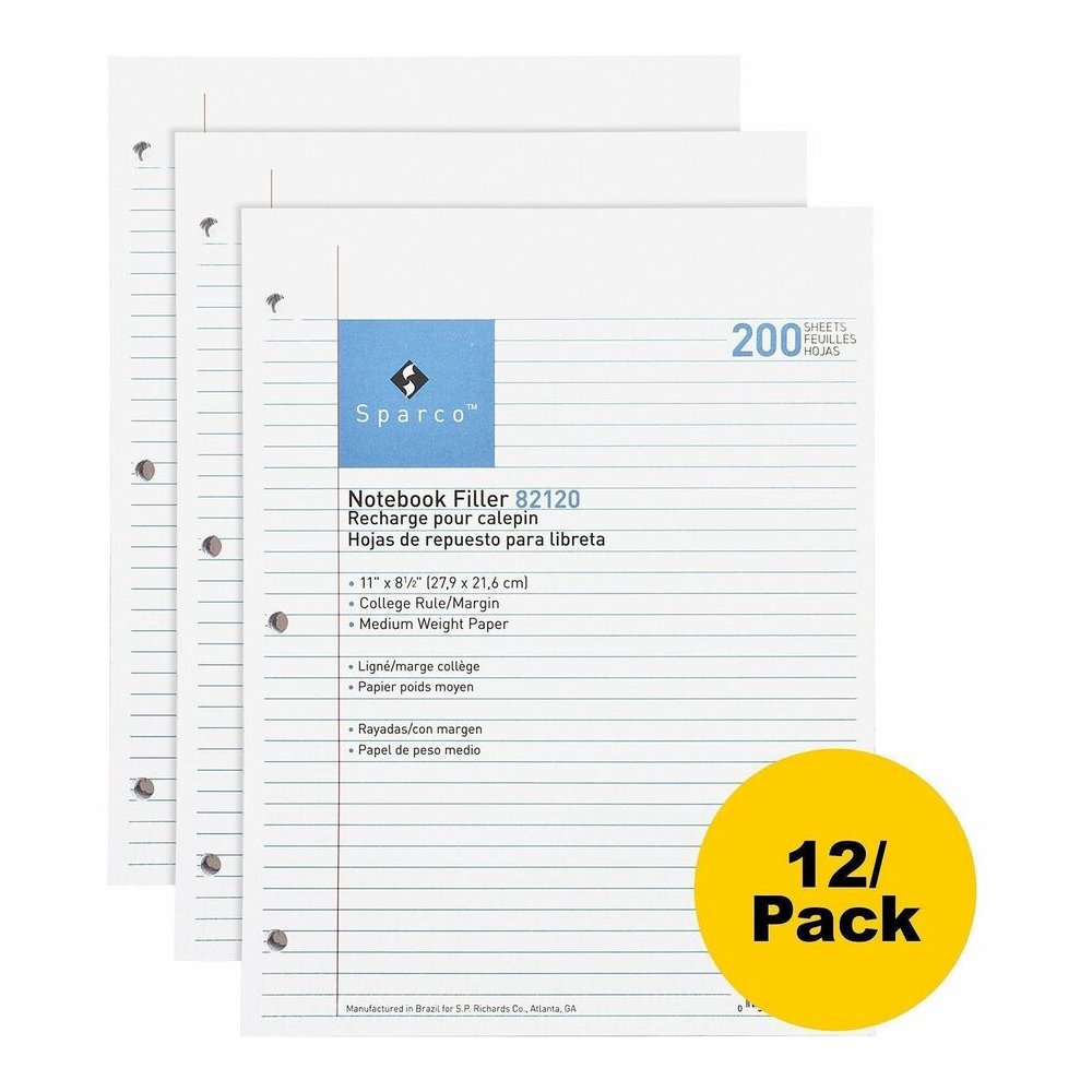 Sparco Notebook Filler Paper - Letter - 200 Sheets - Ruled Red Margin - 16 lb Basis Weight - Letter - 8 1/2'' x 11'' Sheet Size - White Paper - Subject - 200/Pack - 10 / Bundle