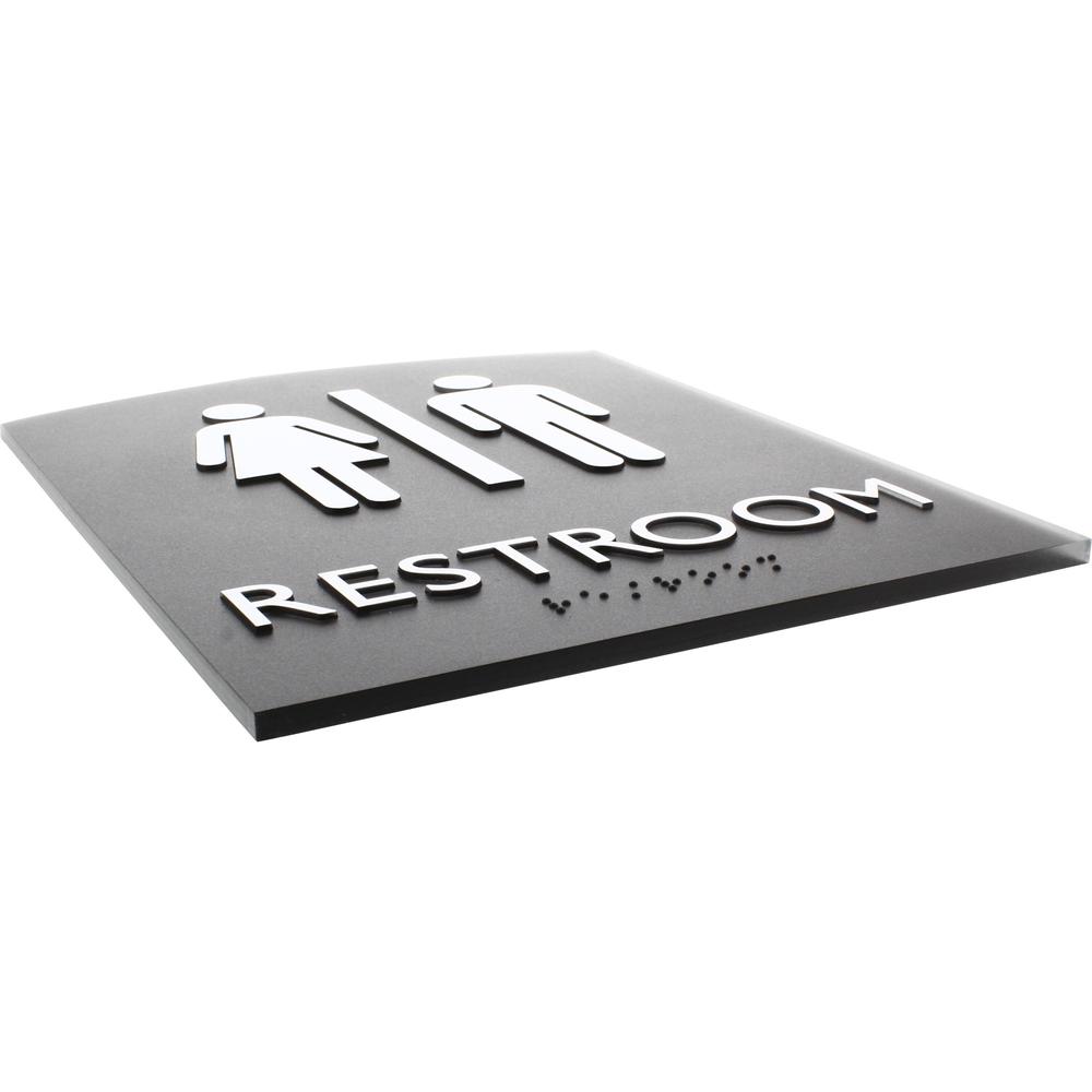 Lorell Arched Unisex Restroom Sign - 6.8'' Width x 8.5'' Height - Rectangular Shape - Surface-mountable - Easy Readability, Braille - Plastic - Black - 1 Each