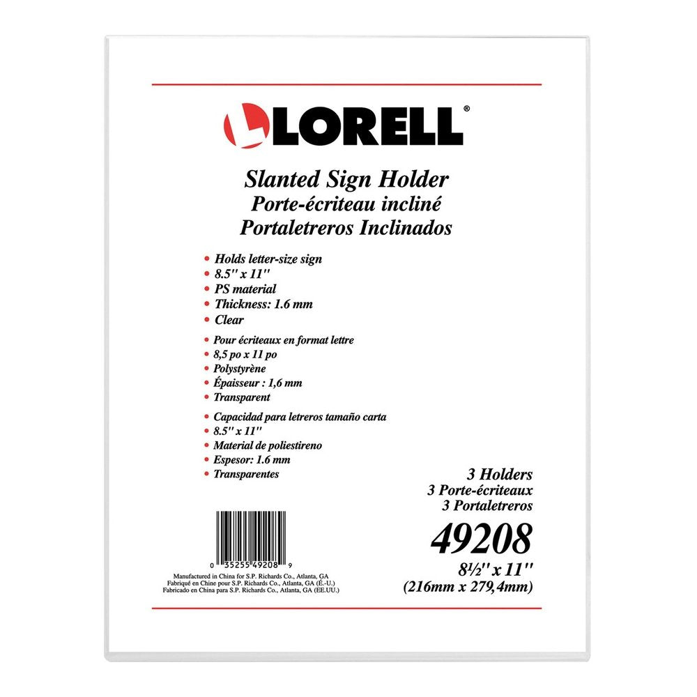 Lorell L-base Slanted Sign Holder Stand - Support 8.50'' x 11'' Media - Acrylic - Clear - 3 / Pack
