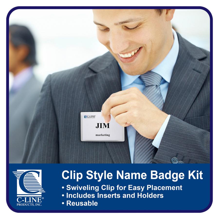 C-Line Clip Style Name Badge Holder Kit - Sealed Holders with Inserts, 4 x 3, 50/BX, 95543