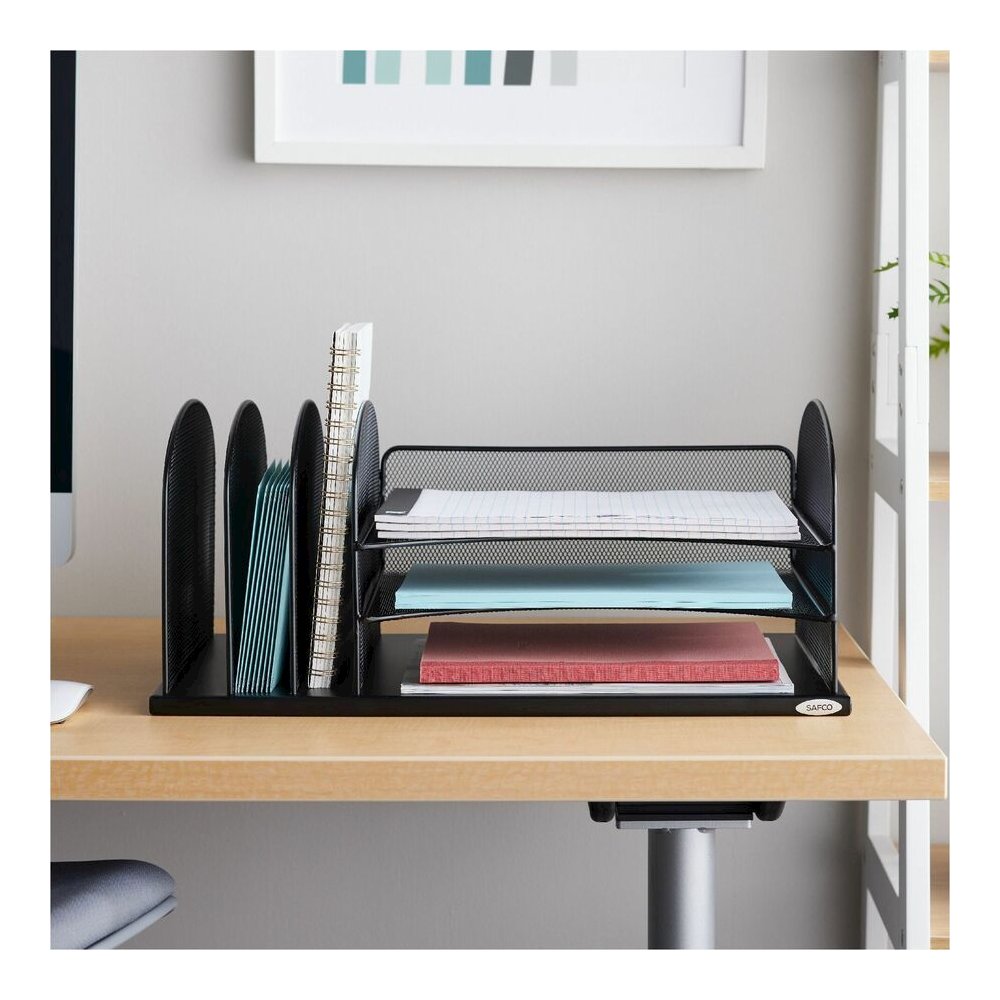 Safco Onyx 3 Tray/3 Upright Section Desk Organizer - 5 Compartment(s) - 8.25'' Height x 19.50'' Width x 11.50'' Depth - Desktop - Powder Coated - Black - Steel - 1 Each