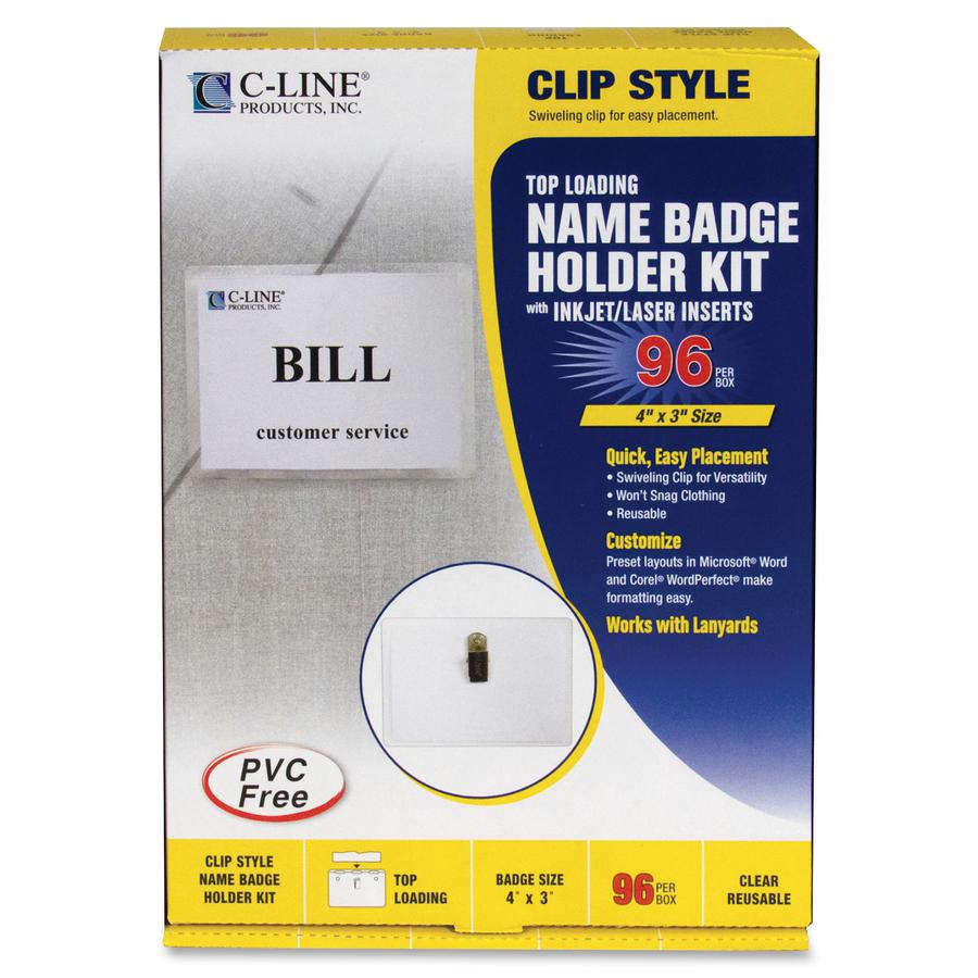 C-Line Clip Style Name Badge Holder Kit - Sealed Holders with Inserts, 4 x 3, 96/BX, 95596
