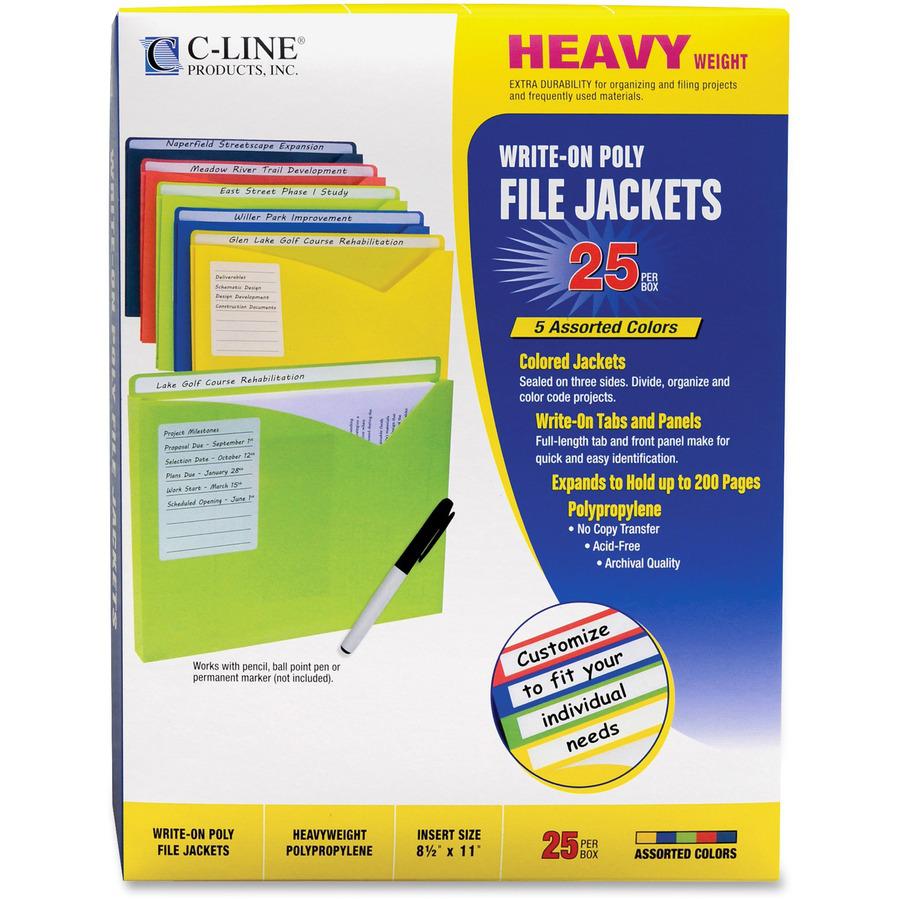 C-Line Write-On Poly File Jackets - Assorted Colors, 11 X 8-1/2, 25/BX, 63060
