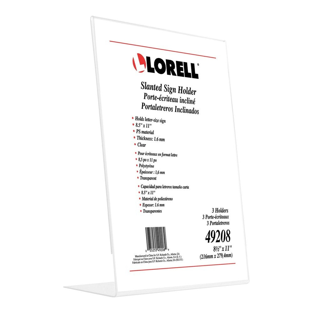 Lorell L-base Slanted Sign Holder Stand - Support 8.50'' x 11'' Media - Acrylic - Clear - 3 / Pack