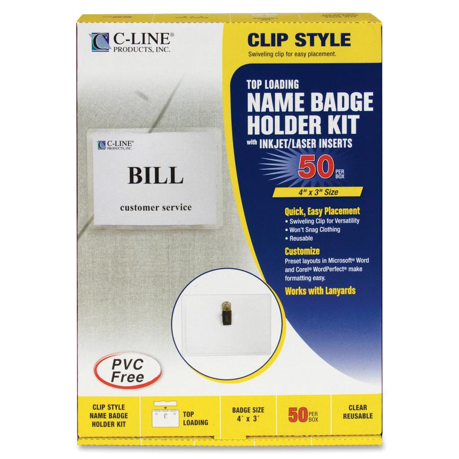 C-Line Clip Style Name Badge Holder Kit - Sealed Holders with Inserts, 4 x 3, 50/BX, 95543