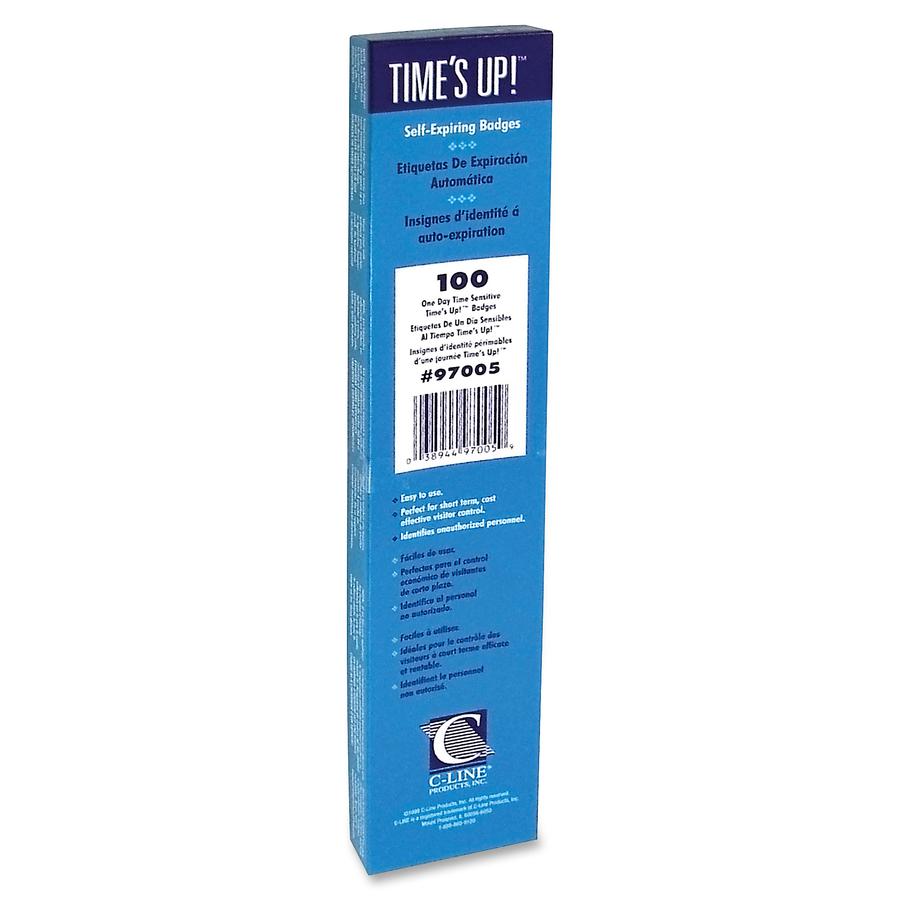 C-Line Time's Up! Self-Expiring Visitor Security Badge - One Day Badge, Peel & Stick, 3 x 2, 100/BX, 97005