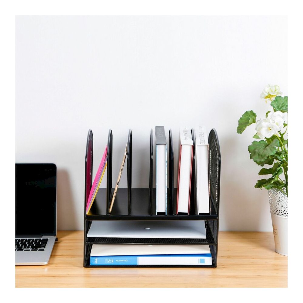 Lorell Mesh Desk Organizer - 8 Compartment(s) - Sturdy - Powder Coated - Black - Steel - 1 Each