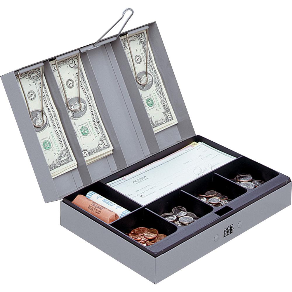 Sparco Steel Combination Lock Steel Cash Box - 6 Coin - Steel - Gray - 3.2'' Height x 11.5'' Width x 7.8'' Depth