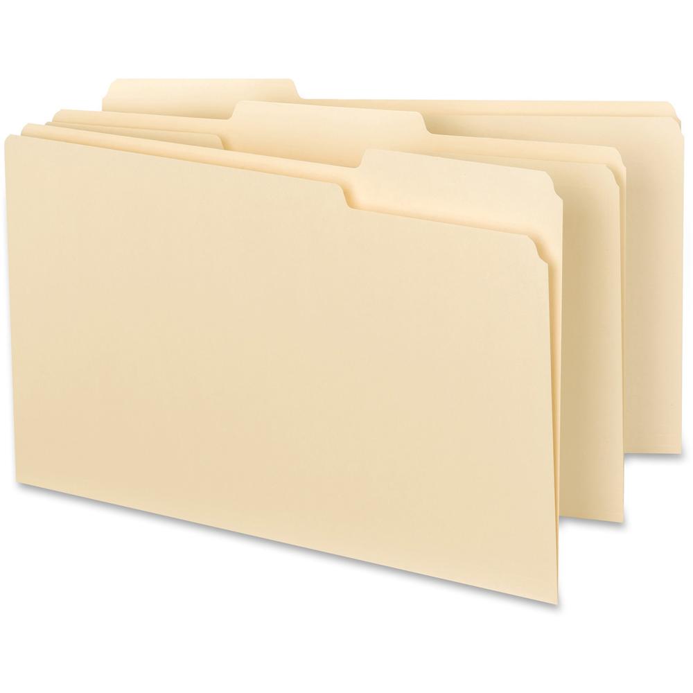 Business Source 1/3 Tab Cut Legal Recycled Top Tab File Folder - 8 1/2'' x 14'' - Top Tab Location - Assorted Position Tab Position - Manila - 10% Recycled - 100 / Box