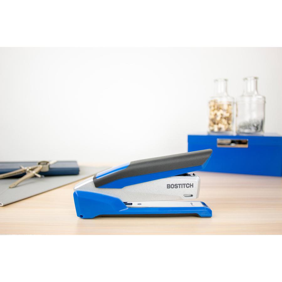 Bostitch InPower Spring-Powered Antimicrobial Desktop Stapler - 28 Sheets Capacity - 210 Staple Capacity - Full Strip - 1/4'' Staple Size - 1 Each - Blue, Silver