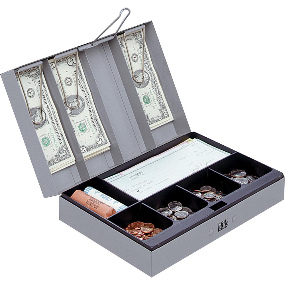 Sparco Steel Combination Lock Steel Cash Box - 6 Coin - Steel - Gray - 3.2'' Height x 11.5'' Width x 7.8'' Depth