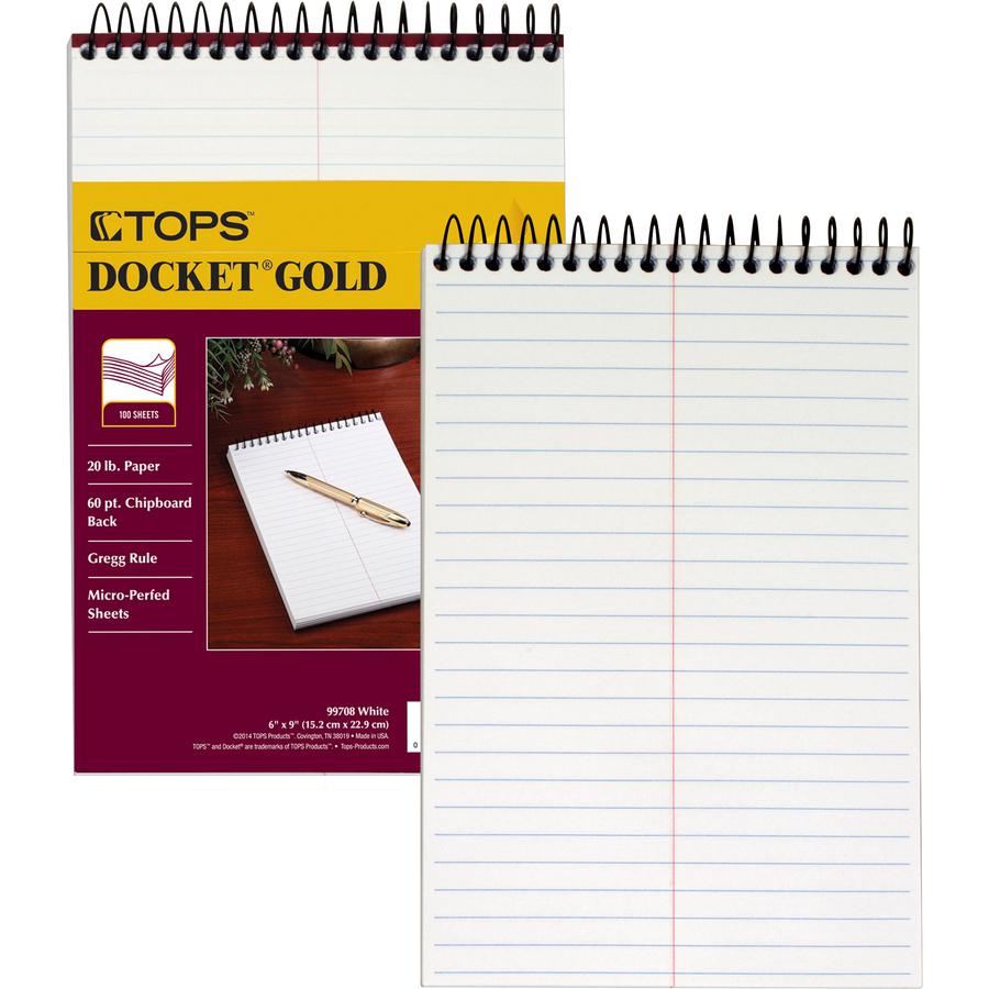 TOPS Docket Gold Spiral Steno Book - 100 Sheets - Coilock - 20 lb Basis Weight - 6'' x 9'' - 9'' x 6'' - White Paper - Frosty ClearPoly Cover - Perforated, Acid-free, Heavyweight, Unpunched - 1 Each