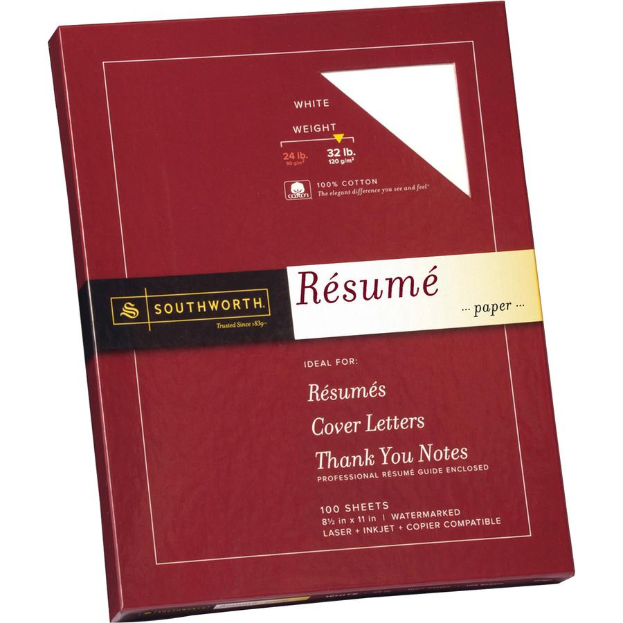 Southworth 100% Cotton Resume Paper - Letter - 8 1/2'' x 11'' - 32 lb Basis Weight - Wove - 100 / Box - Acid-free, Watermarked - White