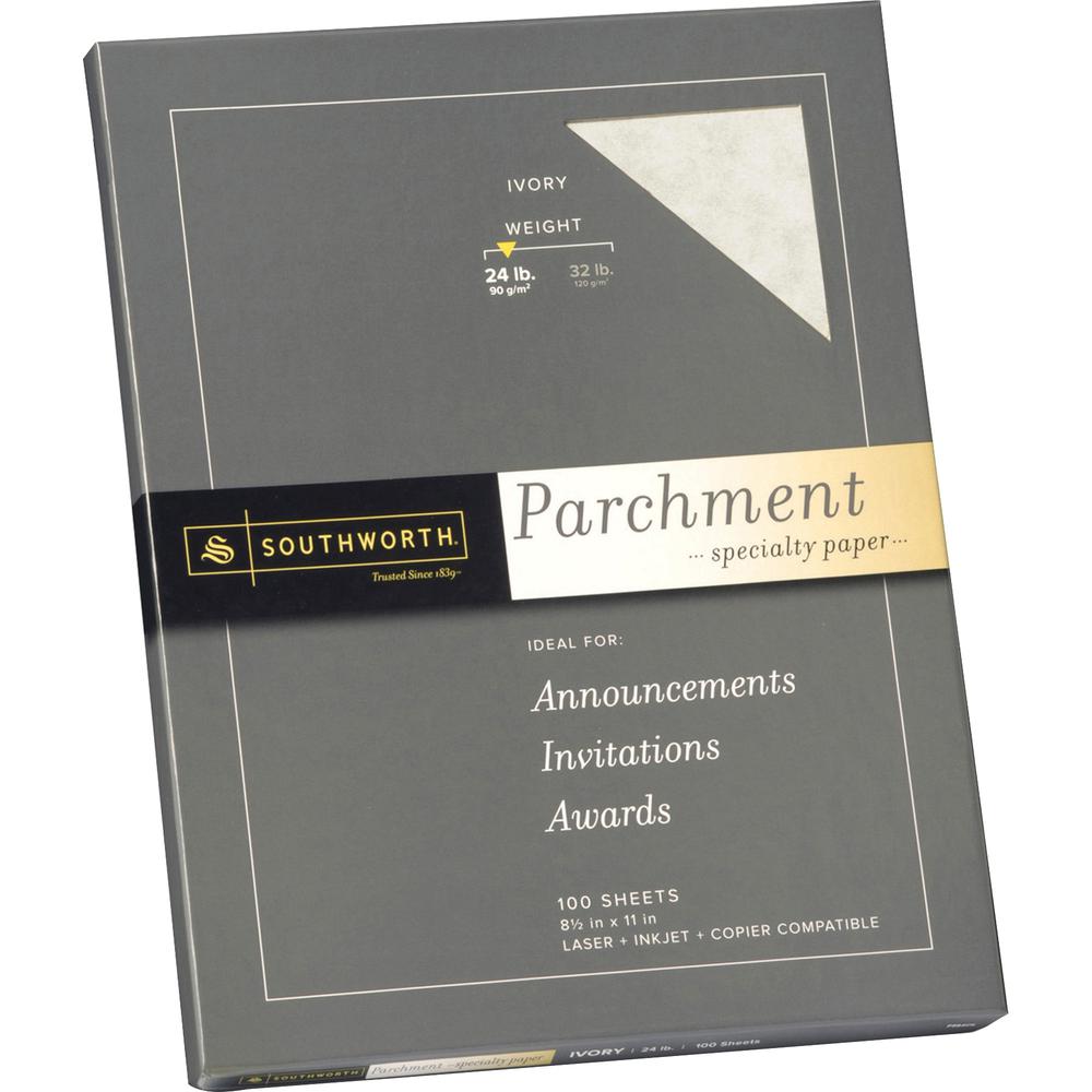 Southworth Parchment Specialty Paper - Letter - 8 1/2'' x 11'' - 24 lb Basis Weight - Parchment - 100 / Pack - Acid-free, Lignin-free - Ivory