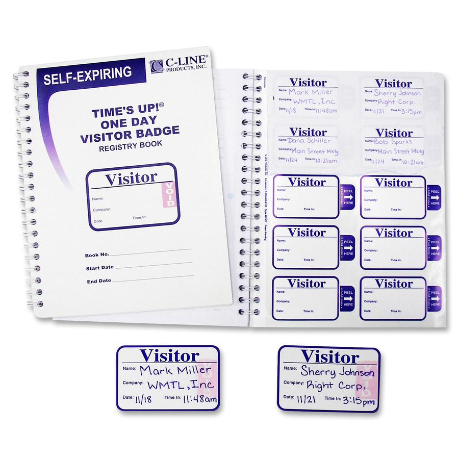 C-Line Time's Up! Self-Expiring Visitor Badges with Registry Log - One Day Badge, 3 x 2 Badge Size, 150 Badges and Log Book/BX, 97009