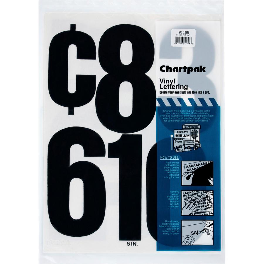Chartpak Permanent Adhesive Vinyl Numbers - 21 x Numbers Shape - Self-adhesive - 6'' Height x 15'' Length - Black - Vinyl - 21 / Pack