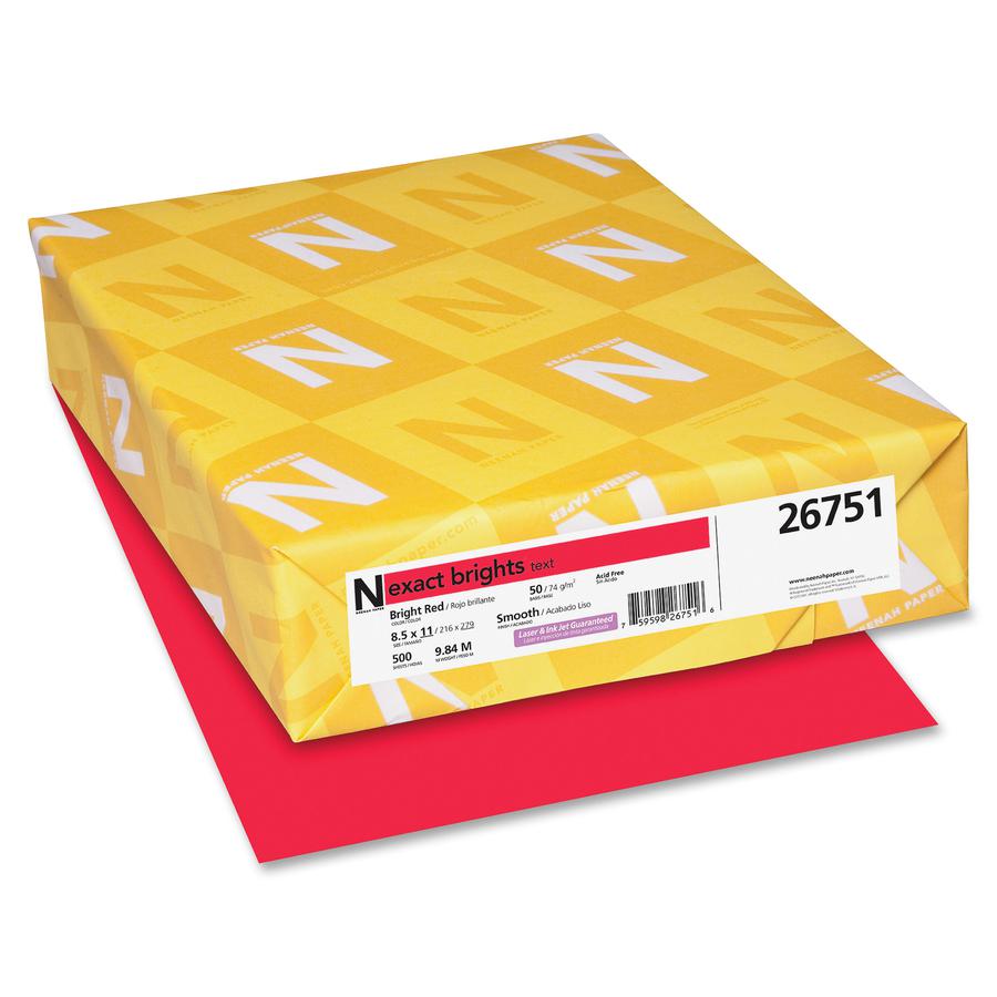 Exact Brights Smooth Colored Paper - Red - Letter - 8 1/2'' x 11'' - 50 lb Basis Weight - Smooth - 500 / Pack - Printable, Lignin-free, Acid-free, Elemental Chlorine-free - Bright Red - Neenah