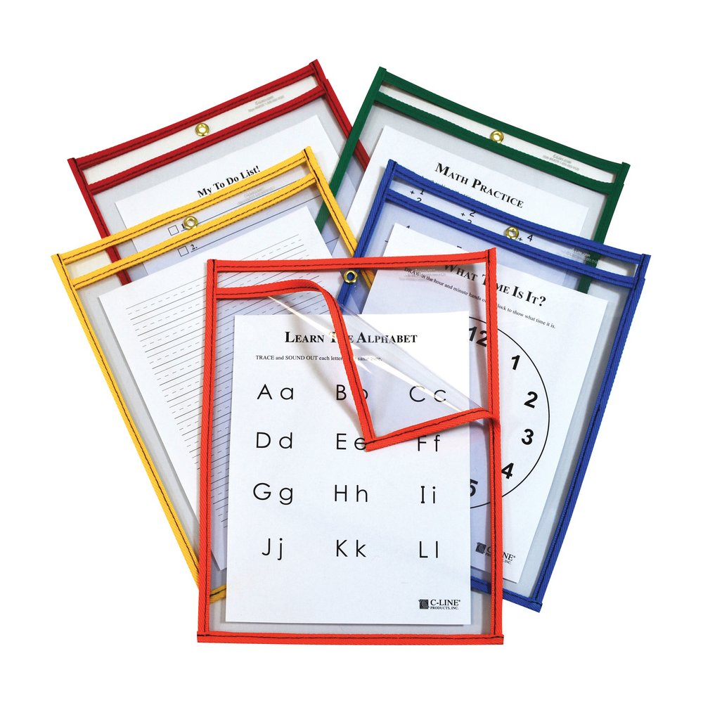 C-Line Super Heavyweight Plus Reusable Dry Erase Pockets - Red, Orange, Yellow, Green, Blue Frame - Rectangle - Reusable, Heavyweight, Sturdy, Easy to Clean, Eyelet - 25 / Box