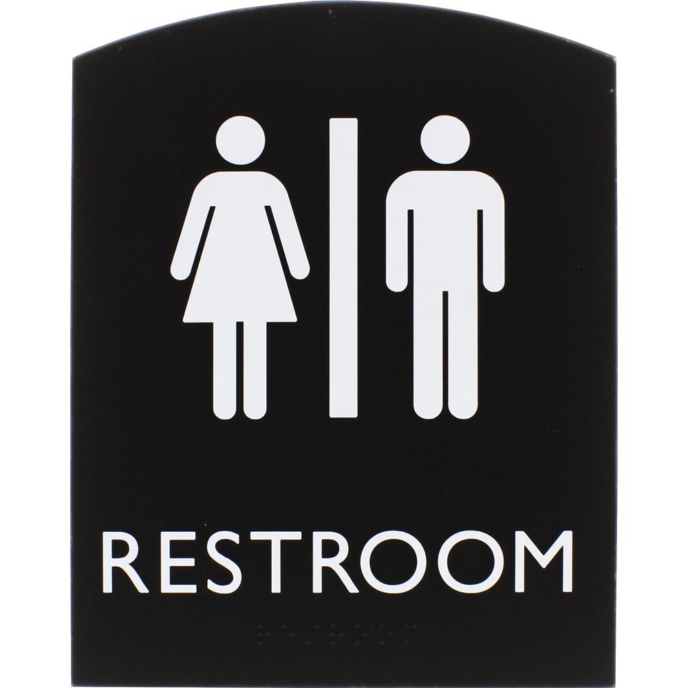 Lorell Arched Unisex Restroom Sign - 6.8'' Width x 8.5'' Height - Rectangular Shape - Surface-mountable - Easy Readability, Braille - Plastic - Black - 1 Each