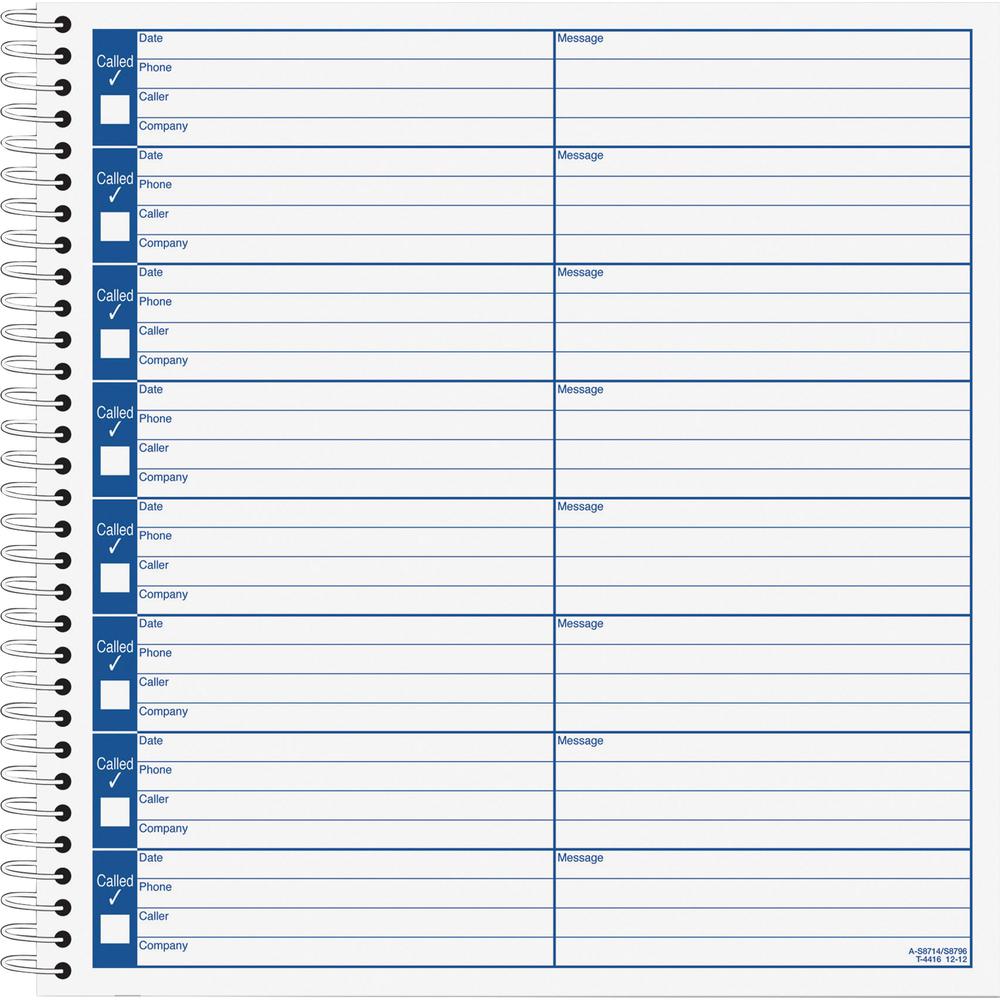 Adams Voice Mail Log Book - 60 Sheet(s) - Spiral Bound - 7.50'' x 8.50'' Sheet Size - 2 / Pack