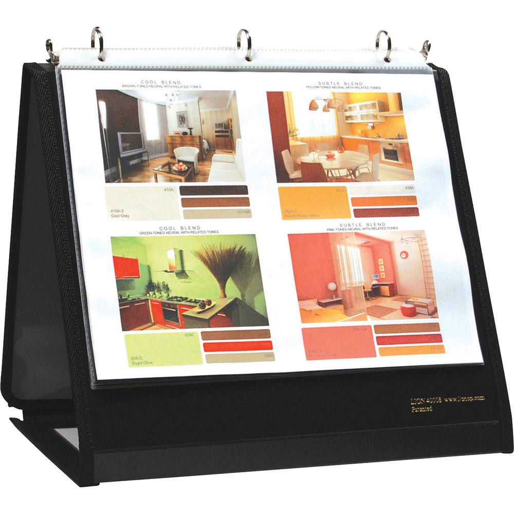 Lion Insta-Cover Round Ring Easel Binder - 3/4'' Binder Capacity - Letter - 8 1/2'' x 11'' Sheet Size - 3 x Round Ring Fastener(s) - 40 Pocket(s) - Black - Recycled - Label Holder, Reinforced Sewn Edge,