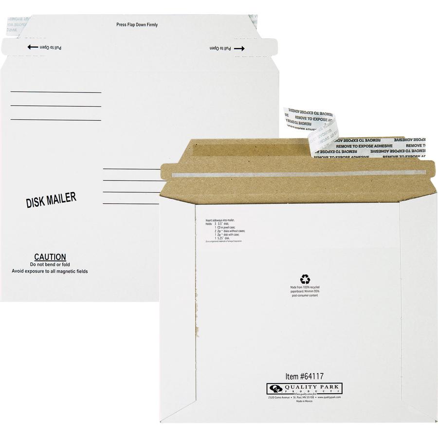 Quality Park Economy Disk/CD Mailers - Disc/Diskette - 7 1/2'' Width x 6 1/8'' Length - Self-sealing - Paperboard - 100 / Carton - White