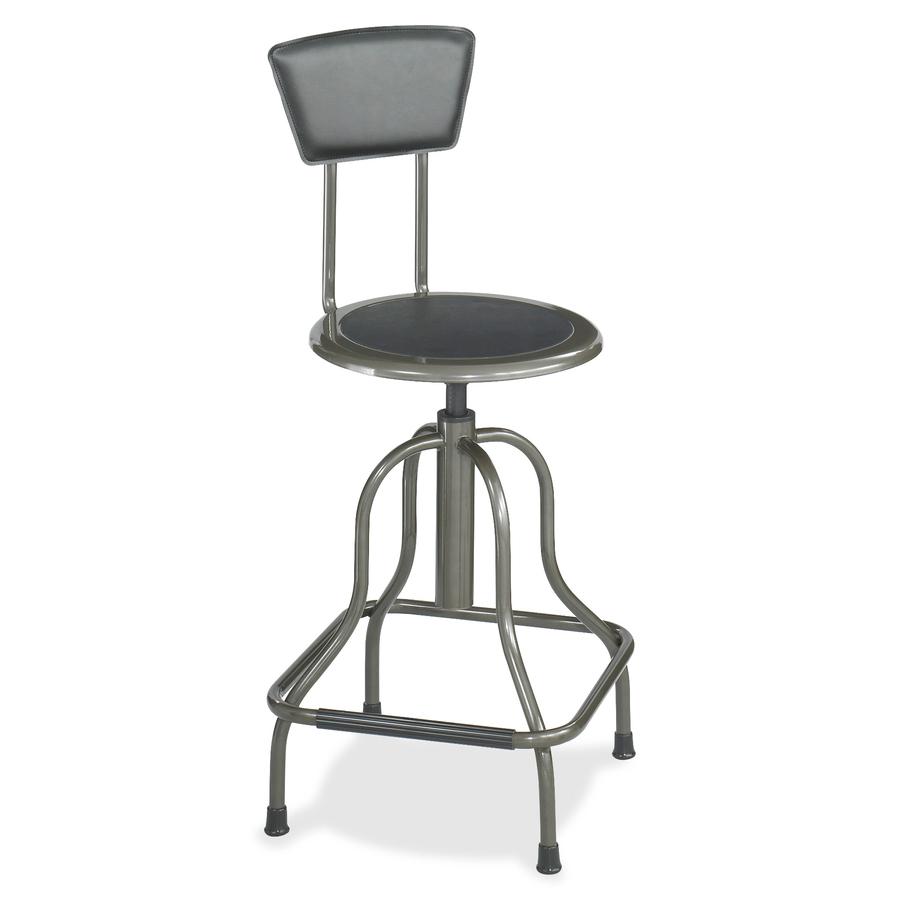 Safco Diesel High Base Stool With Back - Black Leather Seat - Leather Back - Pewter Steel Frame - Pewter - Leather - 1 Each