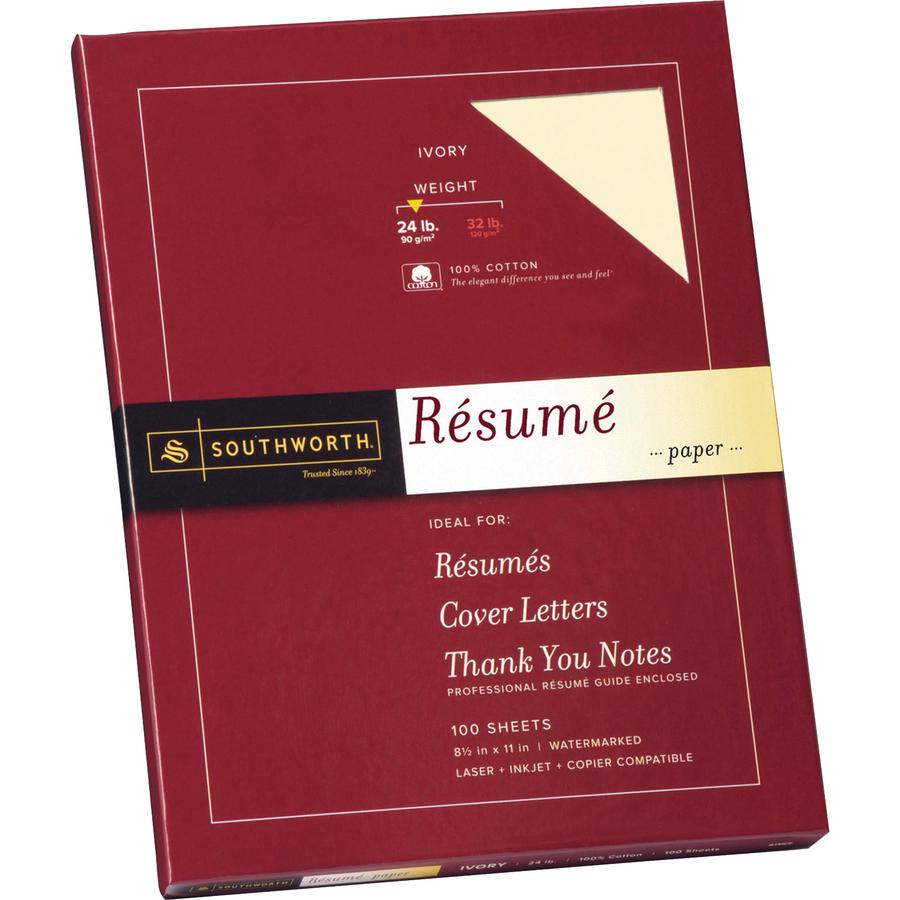 Southworth 100% Cotton Resume Paper - Letter - 8 1/2'' x 11'' - 24 lb Basis Weight - Wove - 100 / Box - Acid-free, Lignin-free - Ivory