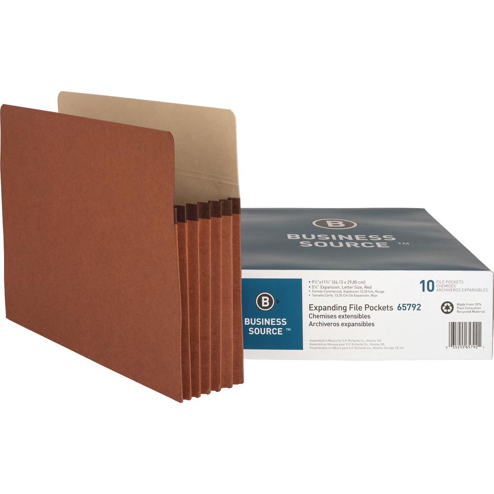 Business Source Straight Tab Cut Letter Recycled File Pocket - 8 1/2'' x 11'' - 1200 Sheet Capacity - 5 1/4'' Expansion - Redrope - 30% Recycled - 10 / Box