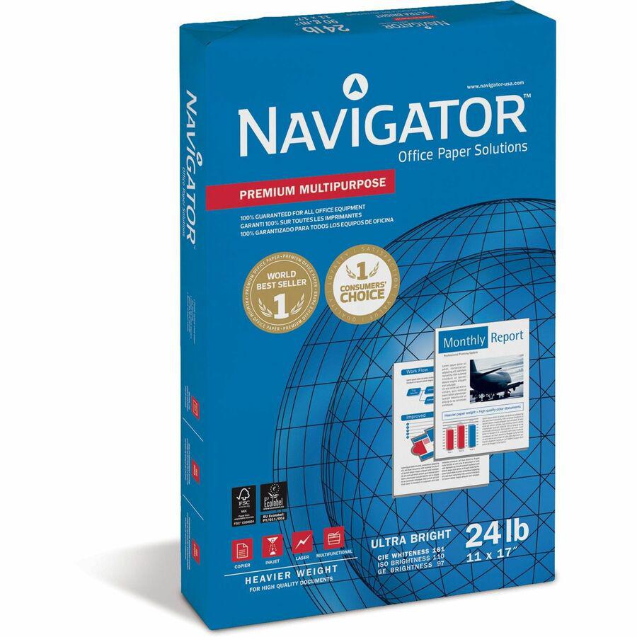 Navigator Platinum Superior Productivity Multipurpose Paper - Silky Touch - Bright White - 97 Brightness - 96% Opacity - Tabloid - 11'' x 17'' - 24 lb Basis Weight - Smooth - 2500 / Carton - Jam-free -