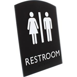 Lorell Arched Unisex Restroom Sign - 6.8'' Width x 8.5'' Height - Rectangular Shape - Surface-mountable - Easy Readability, Braille - Plastic - Black - 1 Each