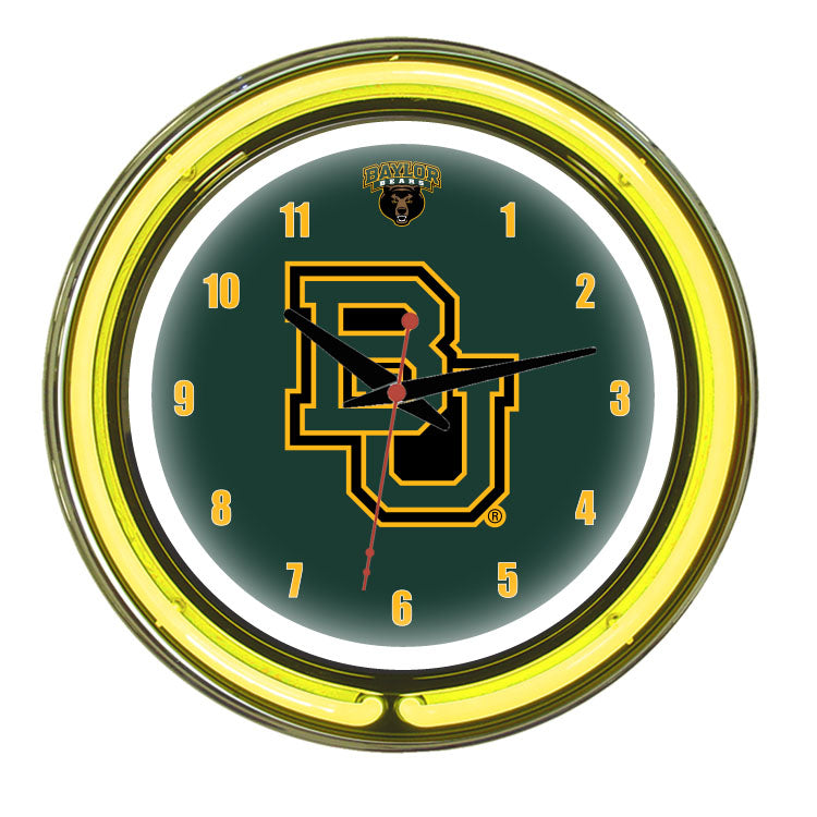 BAYLOR NEON WALL CLOCK - 14'' GREEN FACE / YELLOW NEON - BAYNWC100-14