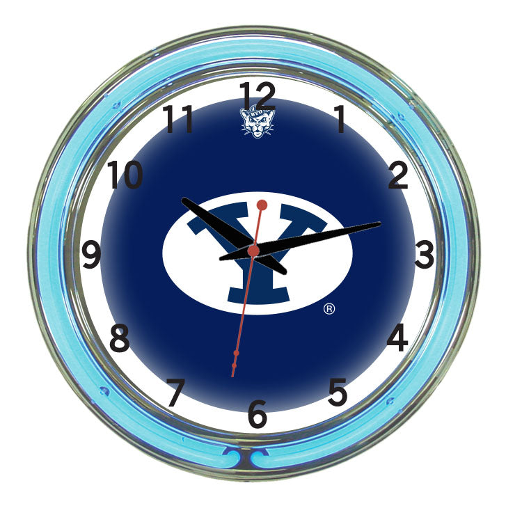 BRIGHAM YOUNG NEON WALL CLOCK - 18'' BLUE FACE / BLUE NEON - BYUNWC100-18