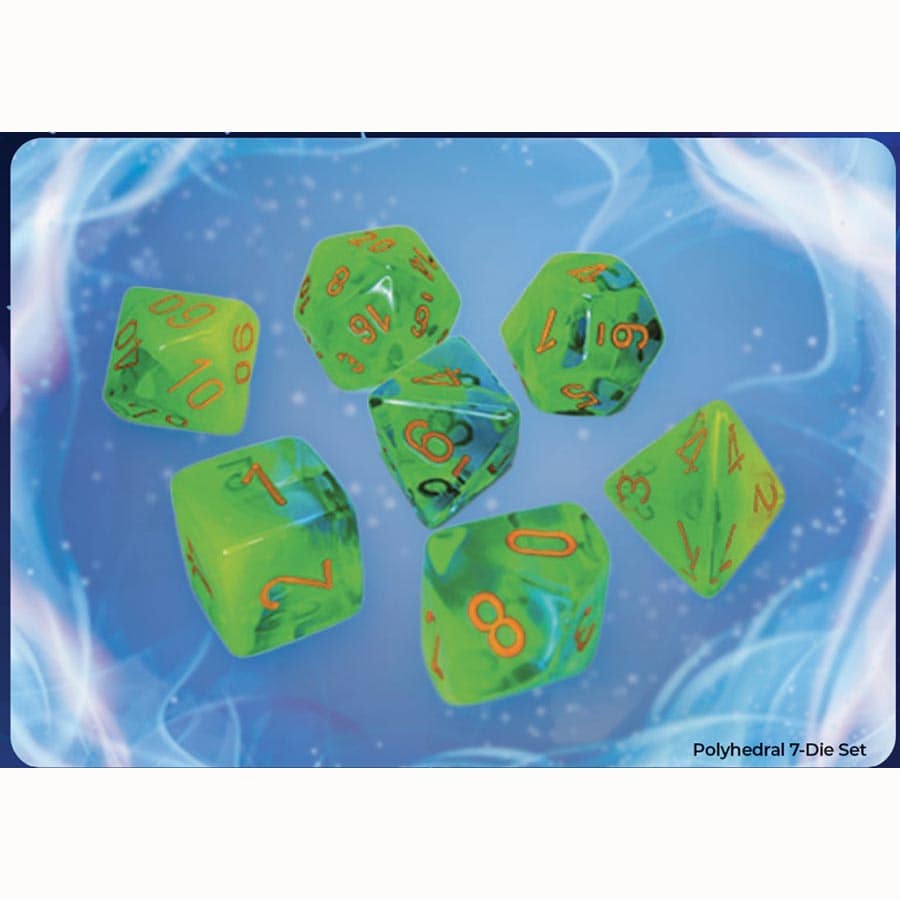Chessex Mfg Co Llc -  Dice Menagerie 11: Gemini Polyhedral Plasma Green-Teal With Orange Luminary 7-Die Set