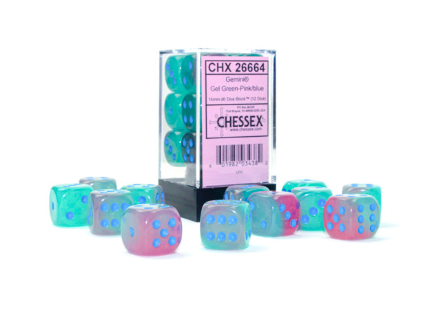 Chessex - Chessex Gemini Gel Green-Pink/Blue Luminary 16Mm D6 Dice Block